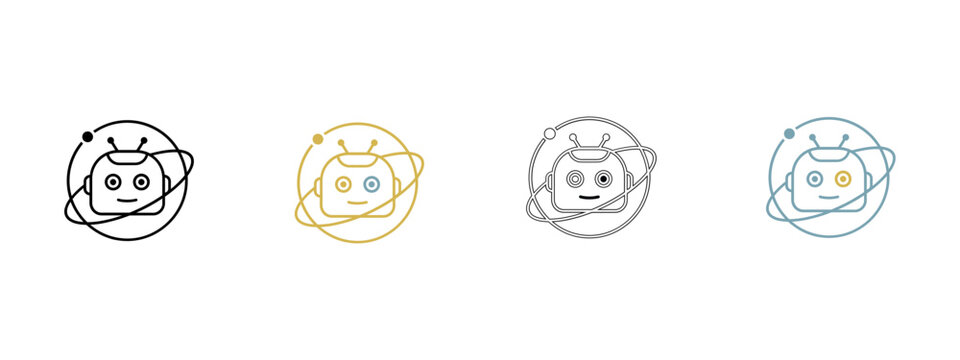 Set of simple robot head icons with orbital rings isolated on transparent background, Vector