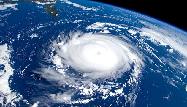 Powerful hurricane seen from space, swirling clouds forming an eye over vast blue ocean, tropical storm system approaching land