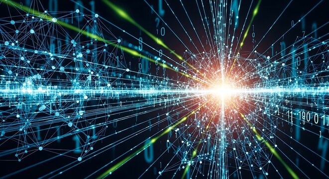 Vibrant abstract representation of data transfer and network connections with a bright central light source and binary code.