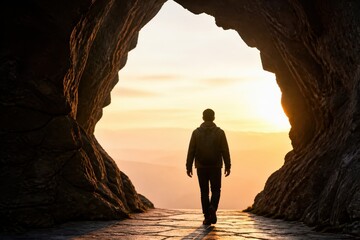 Fototapeta premium Business leader walking from cave into sunrise symbolizing strategy and breakthrough