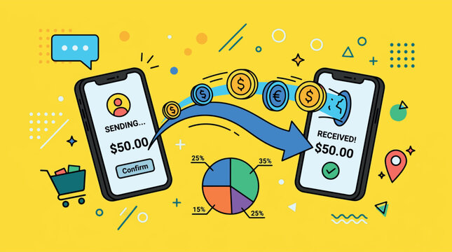 Digital money transfer and mobile payment concept with hand drawn e commerce transfer shopping business currency technology transaction illustration e commerce economic smartphone analysis