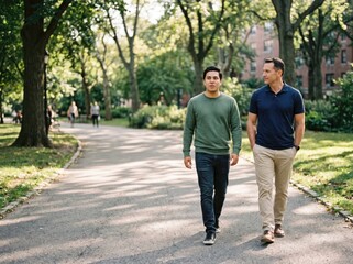 Fototapeta premium Two men walk along a tree-lined park path