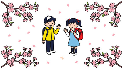 Two children wearing colorful school bags, surrounded by cherry blossoms and falling petals. © MdJubayer