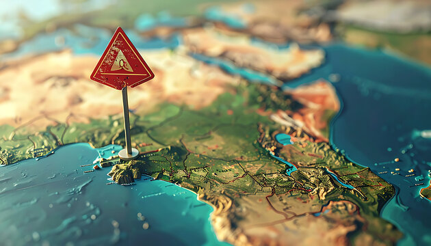 Red warning sign pin on 3d map, global risk alert, geopolitical danger