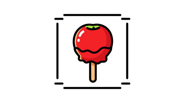 Candy Apple Icon on Stick, Sweet Treat, Red Fruit Dessert, Cartoon Style