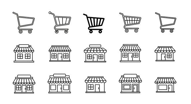 Set of hand-drawn storefront buildings icons for graphic design projects.