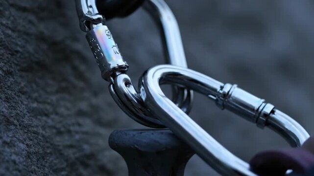 Close up of two silver carabiners linked together showing their metallic sheen and secure connection