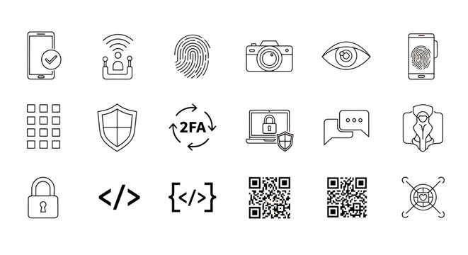 Collection of monochrome vector icons featuring devices, security, media, and UI elements in line art style.