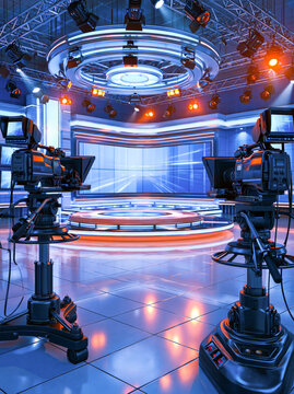 News broadcast cameras in modern television studio stage