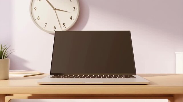 Laptop on wooden table with clock on wall. Modern home office workstation with minimalist interior design. Clean workspace setup for remote work and digital business tasks involving technology