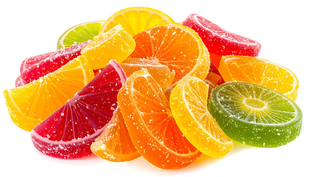Pile of assorted colorful fruit jelly candies, sugared slices of orange, lemon, lime, and grapefruit, vibrant sweet treats, isolated on white