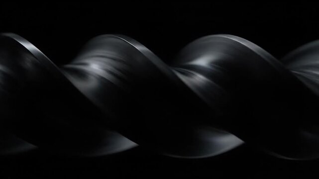 Closeup of a drill bit rotating in slow motion showcasing its intricate design and metallic sheen against a dark background