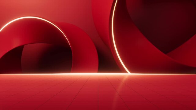 Dynamic abstract red background with swirling shapes and glowing light.