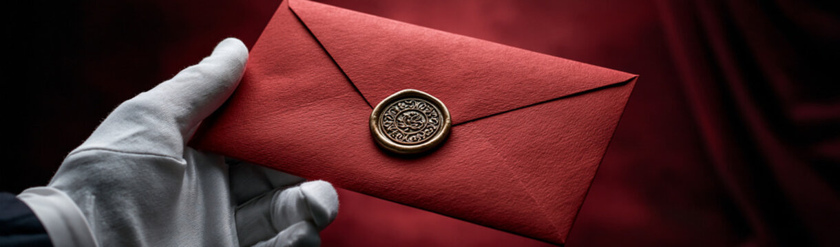 Sealed Secret: A hand in a white glove delicately holds a crimson envelope sealed with an antique wax emblem, against a rich, textured red background, hinting at mystery and important news.