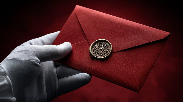 Mysterious Invitation: A gloved hand presents a sealed red envelope, hinting at an exclusive or confidential message, set against a dramatic, dark red backdrop.
