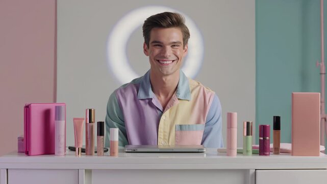 Man explaining beauty products to camera. Blogger sharing skincare tips in live stream. Male influencer talking about cosmetic items