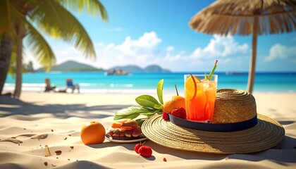 Obraz premium Tropical fruit basket with coconut and pineapple on beach.