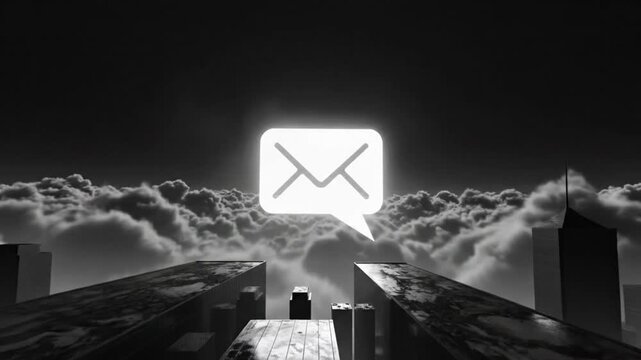 Surreal black and white city and cloudscape with glowing email message bubble as conceptual digital communication
