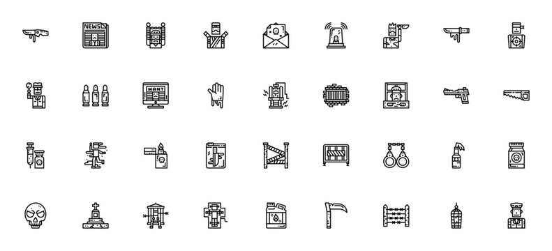 Killer icon set. Crime and mystery vector icons. Minimalist illustration pack. Includes symbols for knife, newspaper, arrested, ninja, blackmail, alert, serial killer, death penalty, detective, bullet