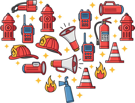 Fire Safety Equipment Vector Illustration Set with Extinguisher, Hydrant, Helmet, Alarm, and Emergency Tools in Duotone Style for Protection and Rescue DesignFire Safety Equipment Vector Illustr