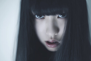 Fototapeta premium 女性, 若い女性, 黒髪, 長い髪, アジア人, ポートレート, 美しい女性, 魅力的, 真剣な表情, クローズアップ, ミステリアス, 不気味, 静けさ, 優雅, エモーショナル, ダークな雰囲気, ドラマチック, ホラー, 幽霊, 怖い顔, 超自然的, 怪談, 恐怖感, 不安感, 闇, 緑背景, モノクローム調, ソフトフォーカス, シンプル背景, 正面ショット, 対称性, アート写真, 孤独