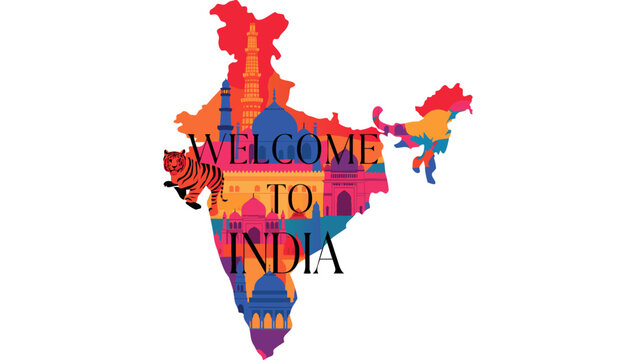 Vector illustration of India iconic travel landmarks colorful silhouette and bengal tiger, with &ldquo;WELCOME TO INDIA&rdquo; text
