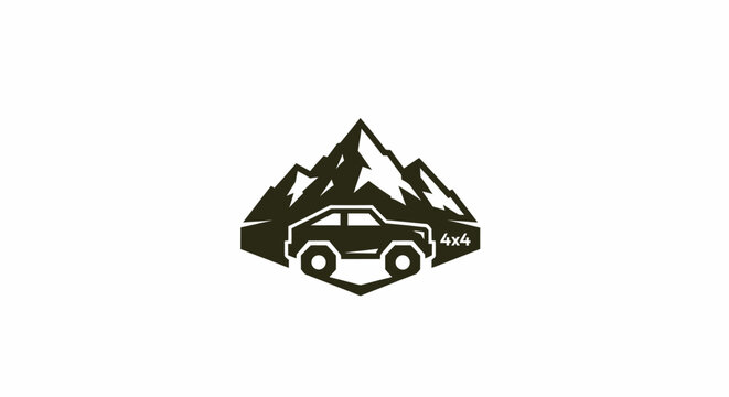 Off-road vehicle silhouette against mountain range logo, 4x4 adventure emblem