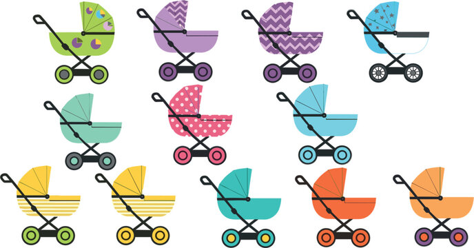 Baby Stroller Collection Vector Illustration with Colorful Prams and Modern Designs for Newborn Care, Parenting Products, and Kids Accessories GraphicsBaby Stroller Collection Vector Illustration