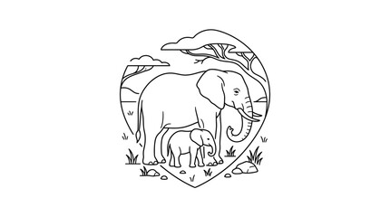 Elephant Family Heart Outline African Safari Landscape Vector © sumi yati