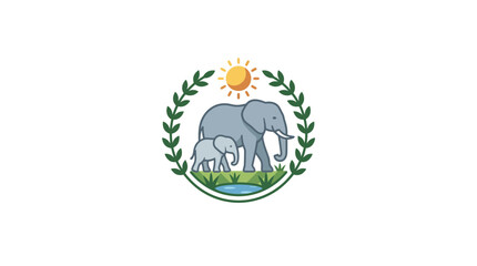 Elephant Family Emblem with Sun and Nature Elements © sumi yati