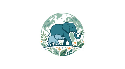 Elephant Family Nature Emblem - Mother and Baby Elephant with Earth and Leaves © sumi yati