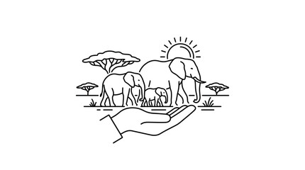 Elephant Family Protected by Hand in Safari Landscape Line Art © sumi yati