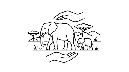 Elephant Family Protected by Caring Hands in African Landscape © sumi yati