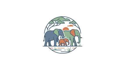 Elephant Family Safari Landscape Circle Icon © sumi yati