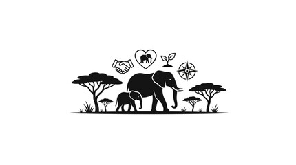 Elephant Family Safari Icons with Trees and Compass © sumi yati