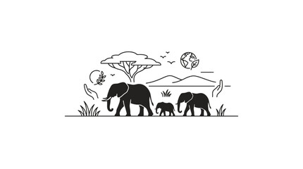 Elephant Family Safari Silhouette with African Landscape and Earth Icon © sumi yati