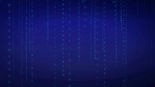 Abstract blue digital background with falling binary code and glowing data stream particles