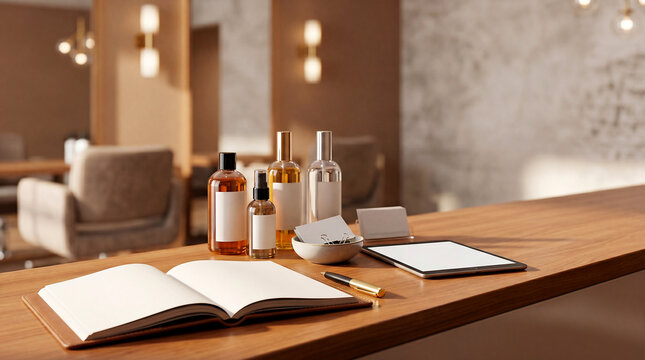 Salon booking reception desk with blank appointment book with copy space on right