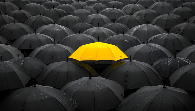 One bright yellow umbrella stands out open amongst a crowd of closed dark umbrellas, individuality and uniqueness concept