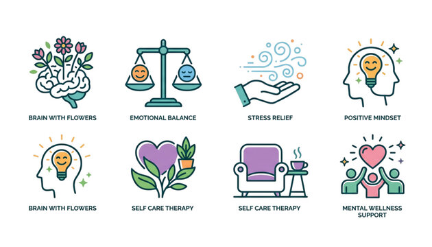 mental health and wellness flat line icon set including emotional balance stress relief self care therapy positive mindset and brain wellness symbols