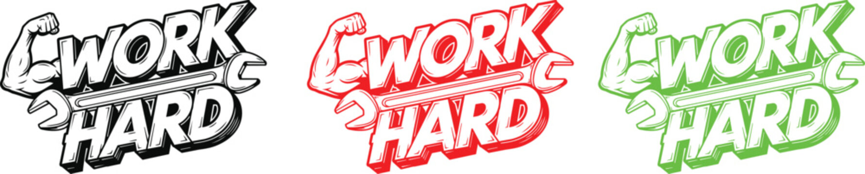 Work hard typography with muscular arm and wrench icon in three color variations for industrial fitness branding