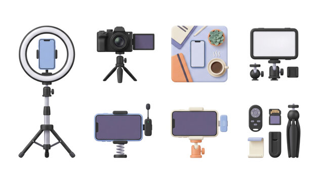 3d mobile content creator and vlogging equipment icon set isolated on transparent background