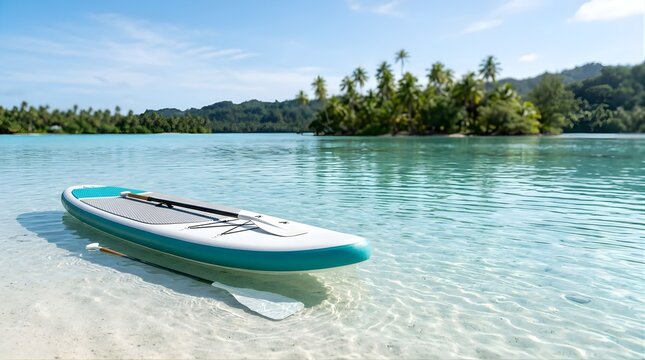Stand up paddle board floating in clear turquoise water at island resort