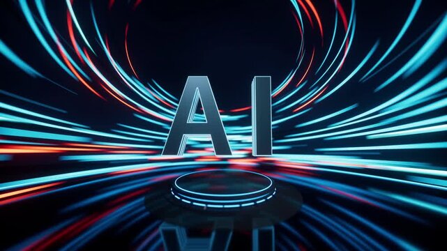 Futuristic AI logo glowing on stage with abstract glowing light streaks moving fast in motion.