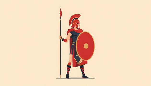 Ancient Greek Spartan warrior illustration with spear and shield. 