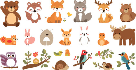 Fototapeta premium Cute Woodland Forest Animals Clipart Vector Set Featuring Baby Bear Fox Wolf Deer Owl Birds and Tree Branches for Kids Birthday Sublimation Designs