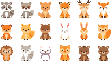 Obraz premium Cute Sitting Woodland Forest Animals Vector Set Featuring Baby Raccoon Bear Fox Deer Rabbit Owl and Hedgehog Characters for Children Nursery Art