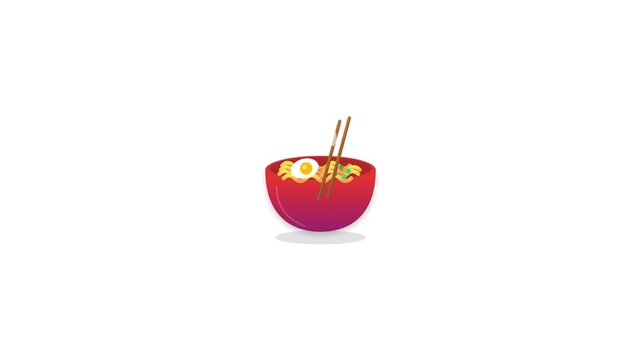 Animated 2D Flat Illustration of Ramen Noodle Bowl with Egg and Chopsticks on White Background