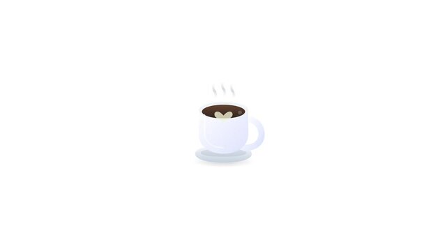 Animated Minimalist Coffee Cup with Heart Latte Art and Rising Steam on White Background