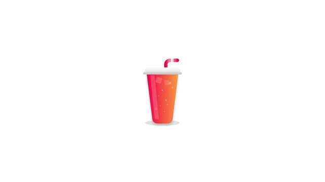 Animated Flat Design Soda Cup with Straw and Ice Cubes on White Background Motion Graphic